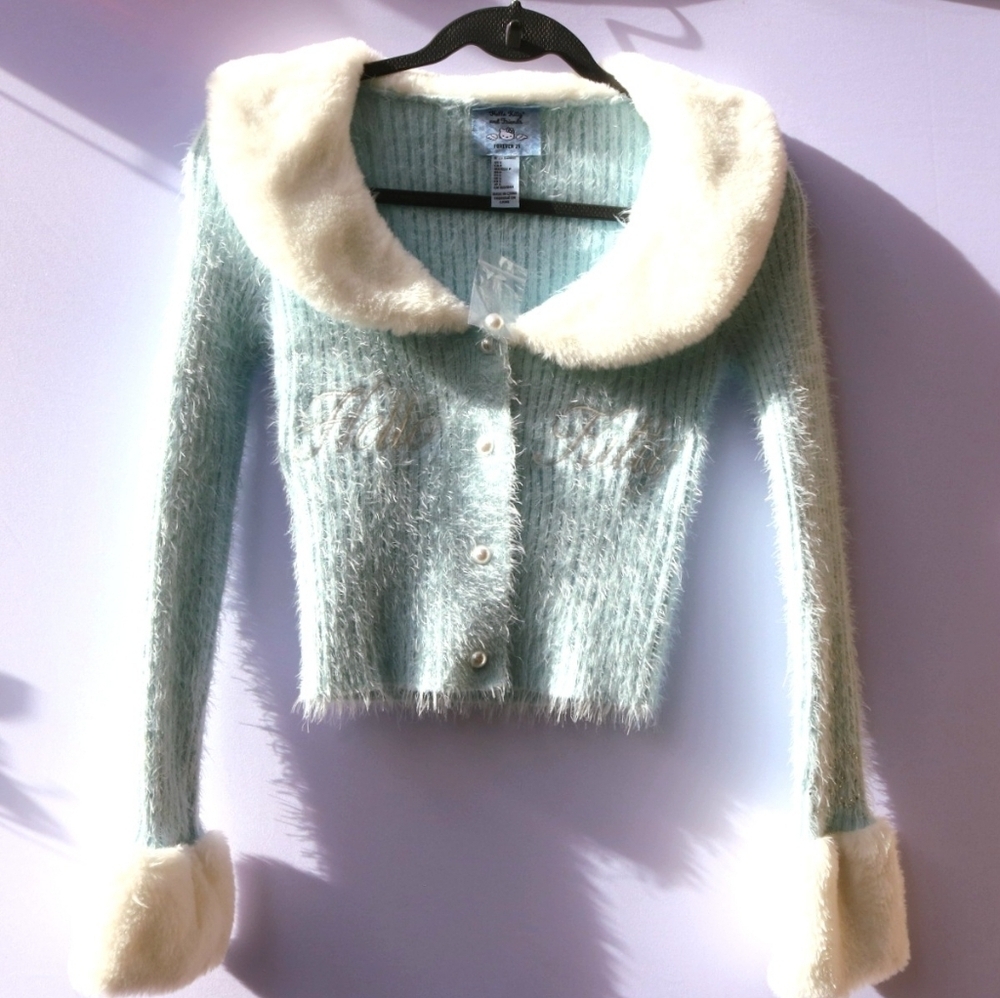 Forever 21 Sanrio Hello Kitty and Friends Faux Fur Sweater Cardigan Small Blue